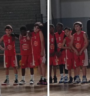 Les joueurs U11-1 de Chevilly alignés dans le gymnase avant le match